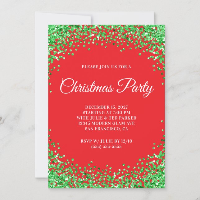 Green Glitter Border Red Christmas Party Invitation (Front)