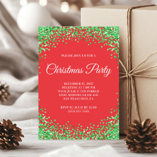Green Glitter Border Red Christmas Party Invitation