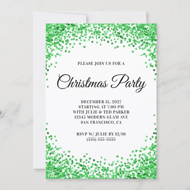 Green Glitter Border White Christmas Party Invitation (Front)