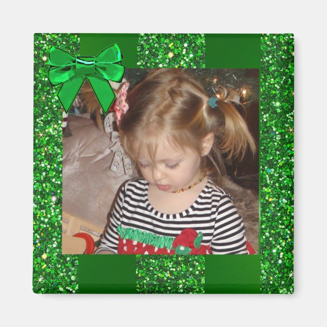 Green Glitter Bow Personalised Christmas Magnet (Front)