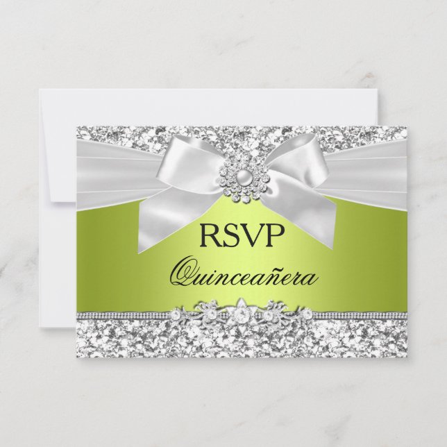 Green Glitter Bow Quinceanera RSVP Card (Front)