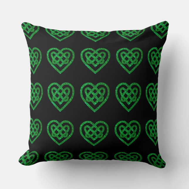 Green Glitter Celtic Heart Knot Pattern Pillow (Front)