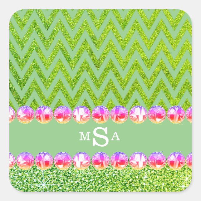 Green Glitter Chevron Pink Bling Monogram Square Sticker (Front)