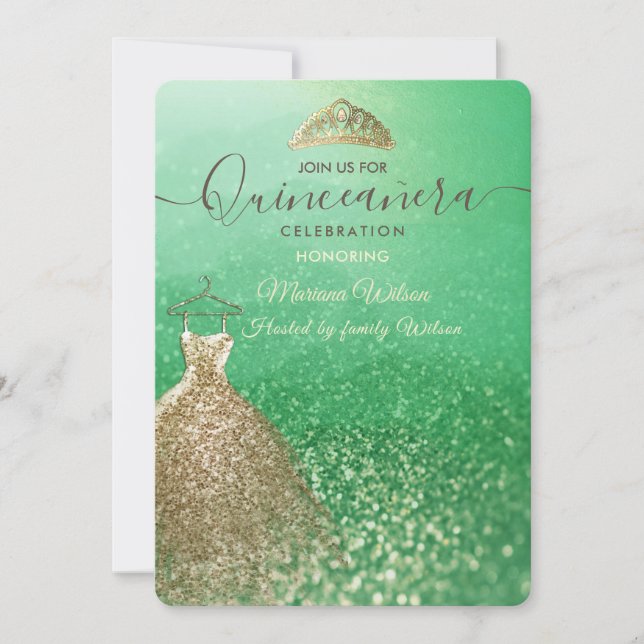 Green glitter chic Gold dress tiara Quinceañera  I Invitation (Front)
