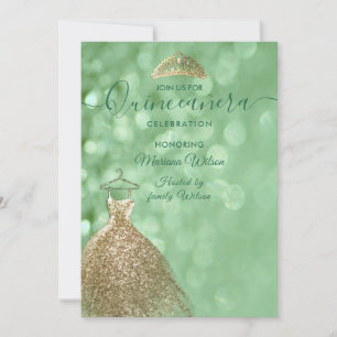 Green glitter chic Gold dress tiara Quinceañera  Invitation