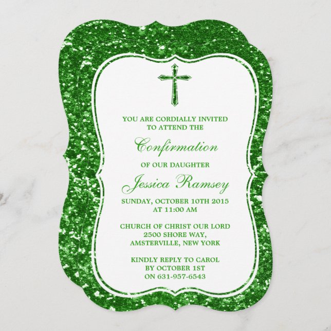 Green Glitter Cross Holy Communion Confirmation Invitation (Front/Back)