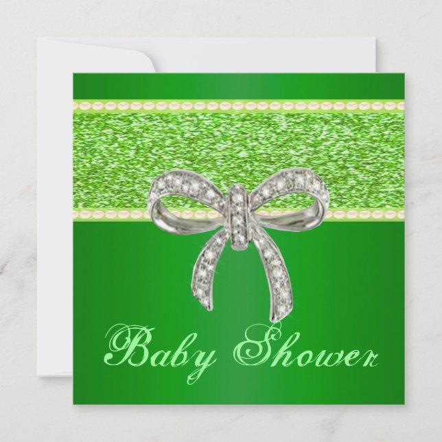 Green Glitter Diamond Bow Baby Shower Invitation (Front)