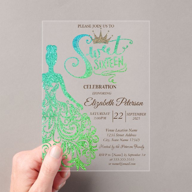 Green Glitter Dress,Diamonds Green Sweet 16 Acrylic Invitations (Insitu (Handheld))