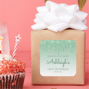 Green Glitter Drip 18th Birthday Thank You Square Sticker