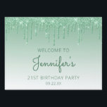 Green Glitter Drip 21st Birthday Party Garden Sign<br><div class="desc">Welcome guests to her drive-by 21st birthday party with this chic yard sign,  featuring a sparkly green faux glitter drip border and green ombre background. Personalise it with the guest of honour's name in green handwriting script,  with her birthday and date below in sans serif font.</div>
