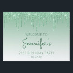 Green Glitter Drip 21st Birthday Party Garden Sign<br><div class="desc">Welcome guests to her drive-by 21st birthday party with this chic yard sign,  featuring a sparkly green faux glitter drip border and green ombre background. Personalise it with the guest of honour's name in green handwriting script,  with her birthday and date below in sans serif font.</div>