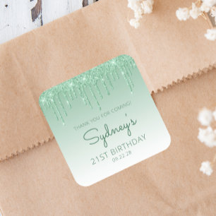Green Glitter Drip 21st Birthday Thank You Square Sticker