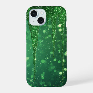 Green Glitter Drip Background With Sparkling Bokeh iPhone 15 Case