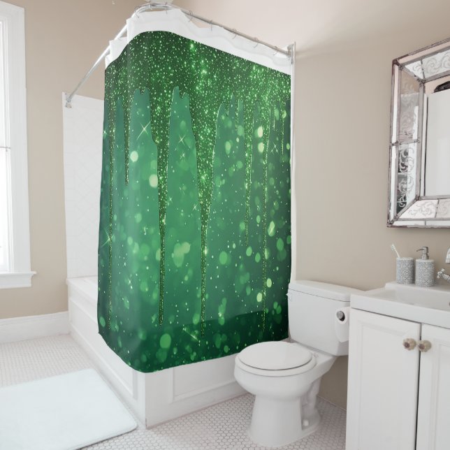 Green Glitter Drip Background With Sparkling Bokeh Shower Curtain (In Situ)