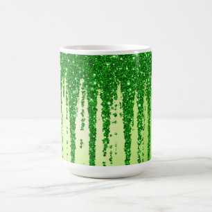 Green Glitter Drip Background With Sparkling Coffee Mug