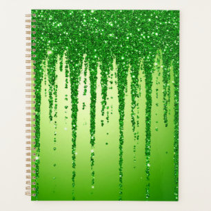 Green Glitter Drip Background With Sparkling Planner