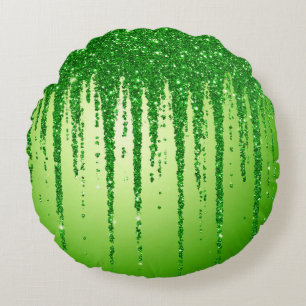 Green Glitter Drip Background With Sparkling Round Cushion