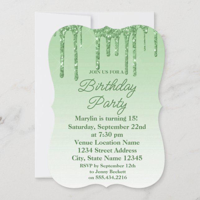 GREEN GLITTER DRIP ELEGANT BIRTHDAY INVITATION (Front)