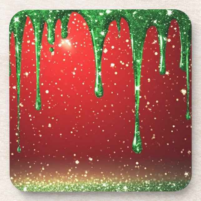 Green Glitter Drip Over Red Background Coaster (Front)