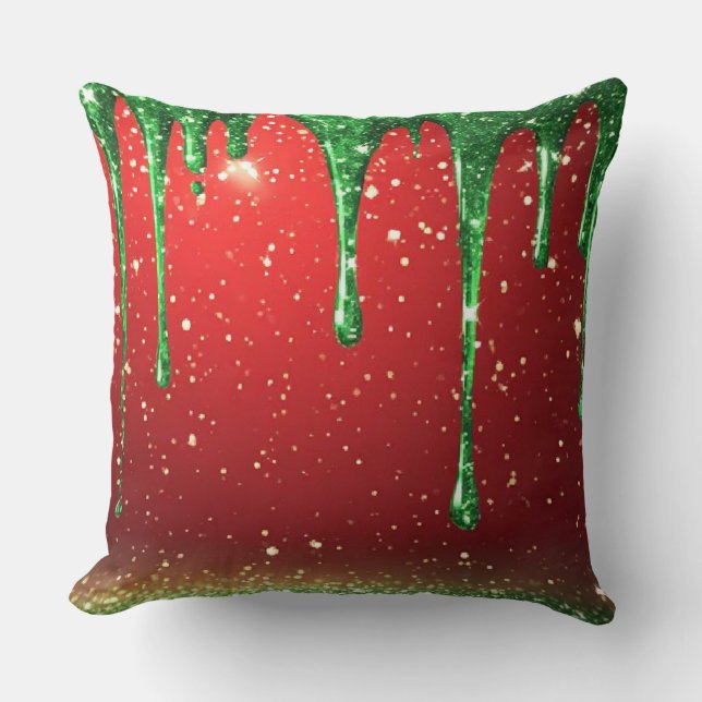 Green Glitter Drip Over Red Background Cushion (Front)