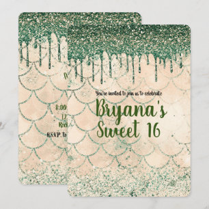 Green Glitter Drip Peach Mermaid Sweet 16 Party Invitation
