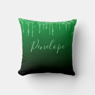Green Glitter Dripping Elegant Monogram Cushion