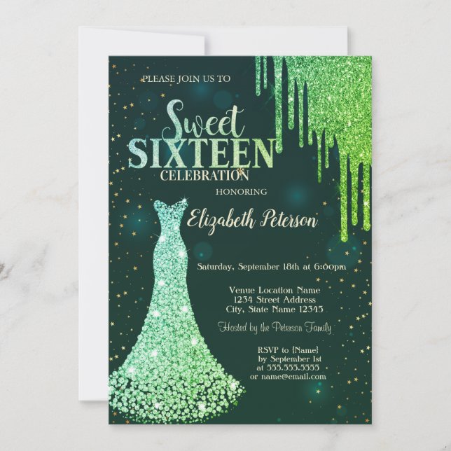 Green Glitter Drips,Diamonds Dress Green Sweet 16  Invitation (Front)