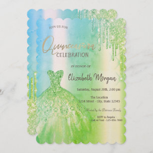 Green Glitter Drips Dress Quinceañera  Invitation