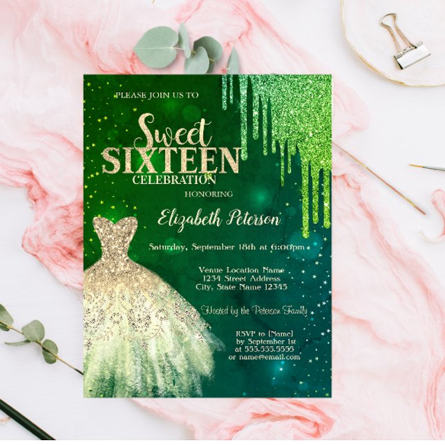 Green Glitter Drips,Gold Dress Stars Sweet 16  Invitation (Creator Uploaded)