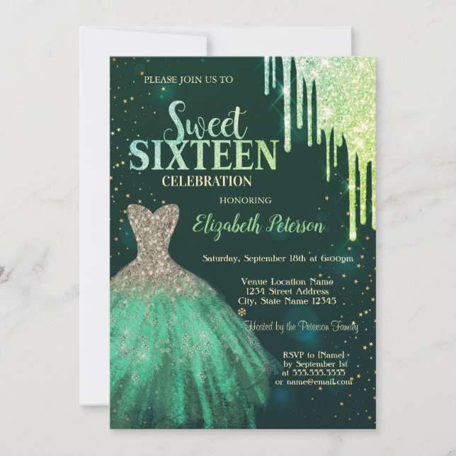 Green Glitter Drips,Green Dress Sweet 16 Invitation (Front)