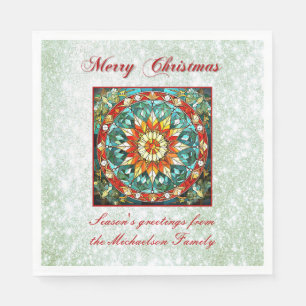 Green Glitter Effect Stained Glass Floral Mandala Napkin
