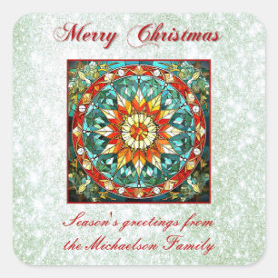 Green Glitter Effect Stained Glass Floral Mandala Square Sticker