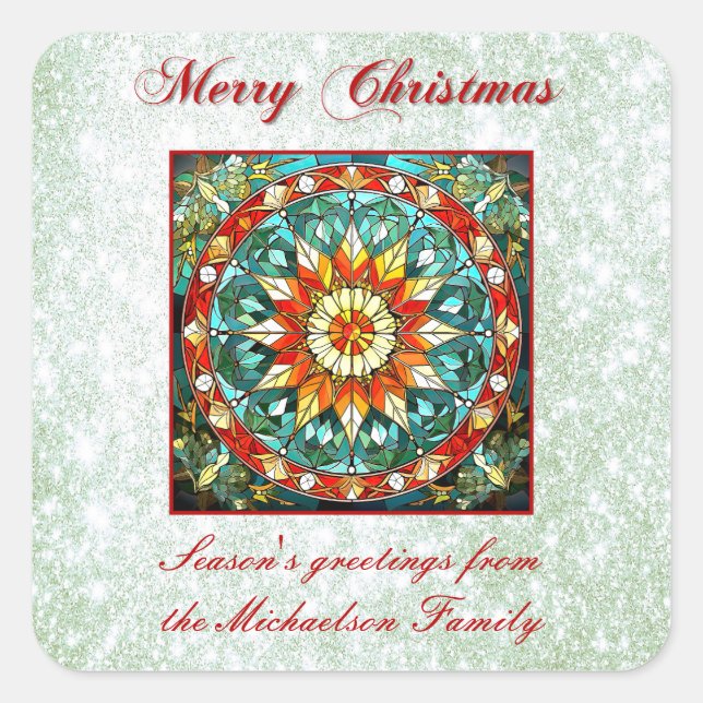 Green Glitter Effect Stained Glass Floral Mandala Square Sticker (Front)