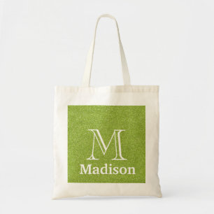 Green glitter faux personalised monogram tote bag