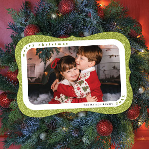 Green Glitter Framed Photo Family Christmas Card