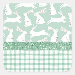Green Glitter Gingham Plaid Rabbits Square Sticker