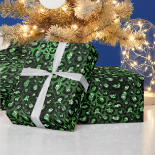 Green Glitter Glam Leopard Spots Pattern Wrapping Paper