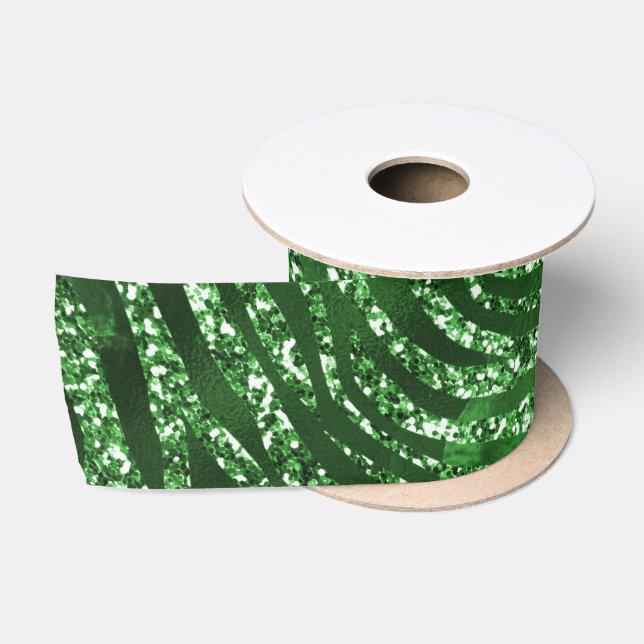 Green Glitter Glam Tiger Stripes Pattern Satin Ribbon (Spool)