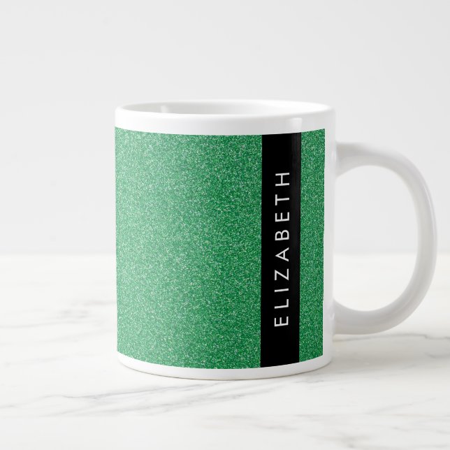 Green Glitter, Glitter Background, Your Name Large Coffee Mug (Right)