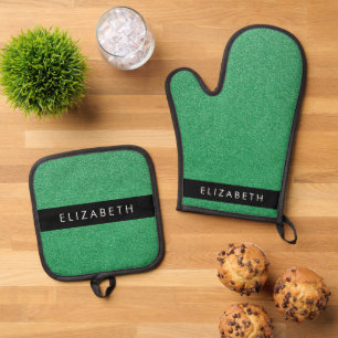 Green Glitter, Glitter Background, Your Name Oven Mitt & Pot Holder Set