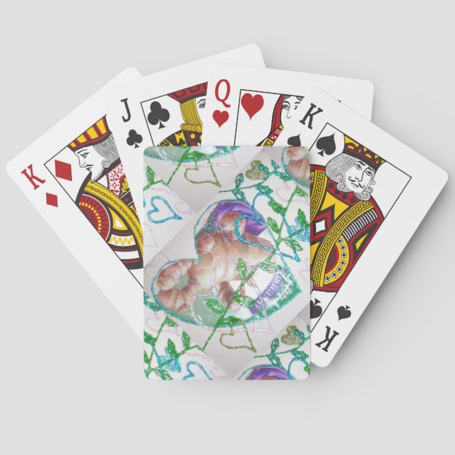 Green Glitter Heart Valentines Botanical Collage Playing Cards (Back)