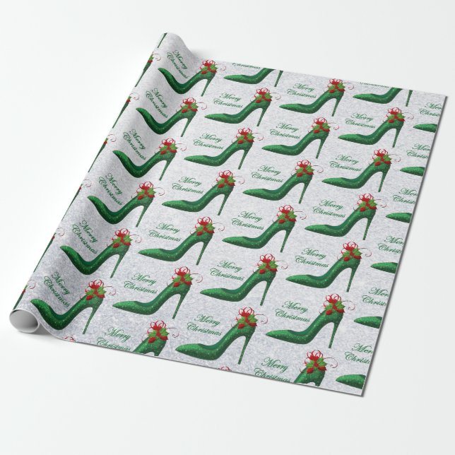 Green Glitter Heels Wrapping Paper (Unrolled)