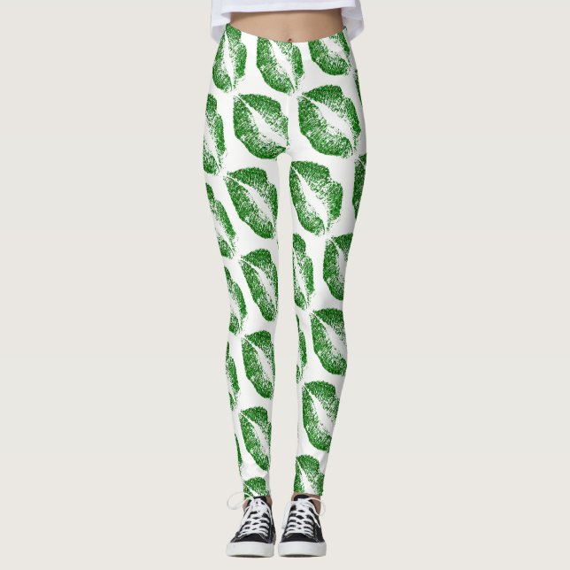 Green Glitter Lips Modern White Leggings (Front)