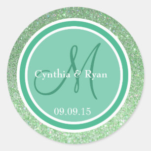 Green Glitter & Mint Wedding Monogram Classic Round Sticker