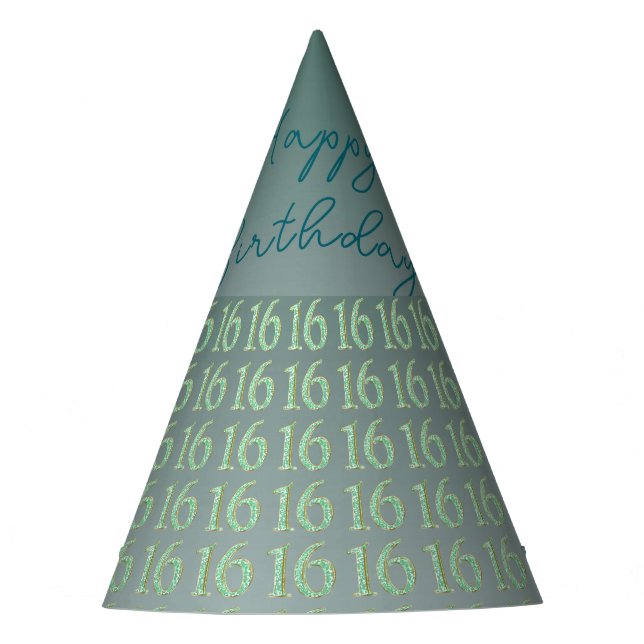 Green Glitter Number 16, Sweet 16 Birthday Party Hat (Front)