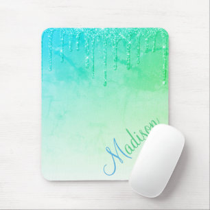 Green Glitter Ombré Glam Sparkles Name Mouse Pad