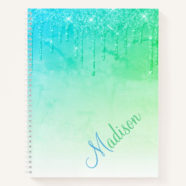 Green Glitter Ombré Glam Sparkles Name Notebook (Front)