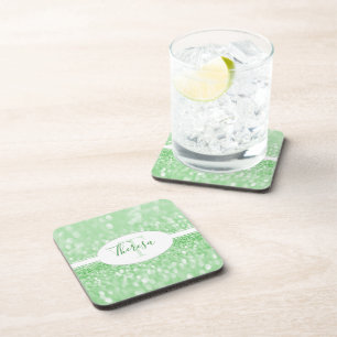 Green Glitter Personalize Plastic Coaster