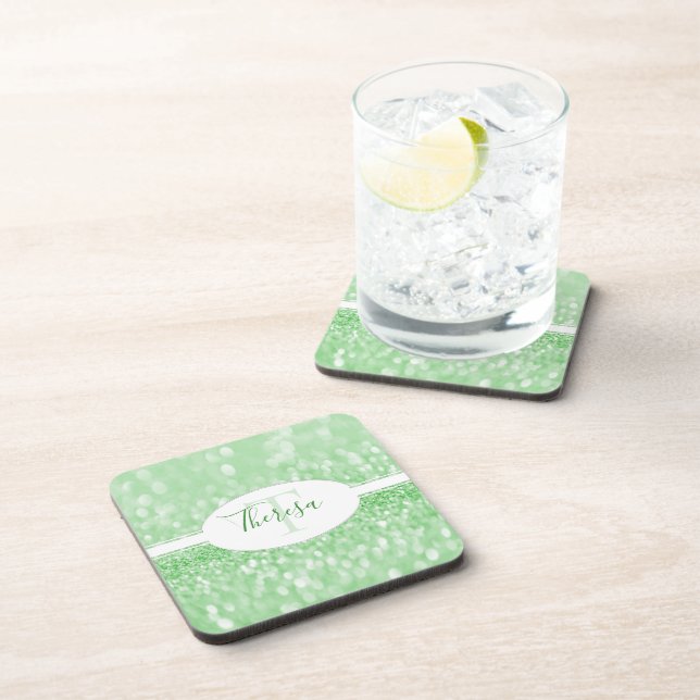 Green Glitter Personalize Plastic Coaster (Right Side)