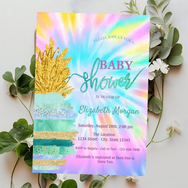 Green Glitter Pineapple Tie Dye Baby Shower Invitation (Creator Uploaded)